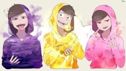 Rule 34 | 10s, 3boys, alternate costume, alternate eye color, artist name, bad id, bad twitter id, black hair, brothers, electricity, eyebrows, heart, heart in mouth, heart print, highres, hood, hoodie, light bulb, long sleeves, looking at viewer, male focus, matsuno ichimatsu, matsuno jyushimatsu, matsuno todomatsu, mery (yangmalgage), mouth hold, multiple boys, nail polish, osomatsu-kun, osomatsu-san, osomatsu (series), pink eyes, pink nails, pinky out, purple eyes, purple nails, shade, sharp teeth, siblings, sleeves past wrists, smoke, spread fingers, teeth, teeth hold, tongue, tongue out, upper body, uvula, wallpaper, yellow eyes, yellow nails