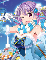 Rule 34 | 1girl, fur trim, gloves, long hair, looking at viewer, one eye closed, open mouth, original, purple eyes, purple hair, scarf, smile, solo, suzutsuki kurara, twintails, white gloves, winter clothes