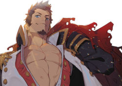 Rule 34 | 1boy, abs, bara, beard, blue eyes, brown hair, cape, collar, epaulettes, facial hair, fate/grand order, fate (series), from below, high collar, holding, holding cape, holding clothes, large pectorals, long sideburns, long sleeves, male focus, manly, military, military uniform, muscular, napoleon bonaparte (fate), open clothes, pectoral cleavage, pectorals, ryota-h, scar, sideburns, simple background, smile, solo, torn cape, torn clothes, uniform, white background