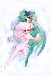 Rule 34 | 1990s (style), 2girls, bad id, bad pixiv id, blue eyes, boots, breasts, cleavage, colored skin, detached sleeves, psychic, final fantasy, final fantasy iv, final fantasy vi, green footwear, green hair, highres, leotard, medium breasts, monster girl, multiple girls, no nipples, no pussy, nude, aged up, pink hair, pink skin, pointy ears, red eyes, rydia (ff4), thighhighs, tina branford, trance terra branford, urihara84