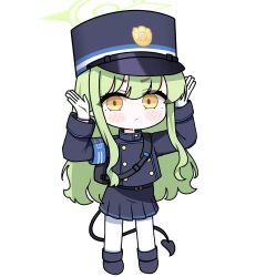 Rule 34 | 1girl, :&lt;, absurdres, black footwear, black hat, black jacket, black skirt, black tail, blue archive, blush, boots, buttons, chibi, closed mouth, demon tail, double-breasted, full body, gloves, green hair, green halo, halo, hat, hikari (blue archive), highres, jacket, legs apart, long hair, long sleeves, looking at viewer, mora (moragooyoo), no nose, pantyhose, peaked cap, pleated skirt, pointy ears, sidelocks, simple background, skirt, solo, tail, tareme, white background, white gloves, white pantyhose, yellow eyes
