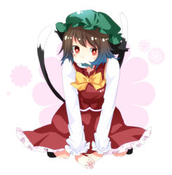 Rule 34 | 1girl, all fours, animal ears, aya mizu, brown hair, cat ears, cat girl, cat tail, chen, female focus, fish, full body, highres, mouth hold, multiple tails, red eyes, short hair, solo, tail, touhou, white background