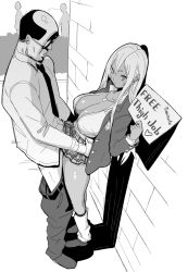 Rule 34 | 1boy, 1girl, age difference, arm up, balding, blazer, breasts, cleavage, clothes lift, clothes pull, collarbone, dark-skinned female, dark skin, earrings, english text, expressionless, full body, ganguro, glasses, gyaru, heart, hetero, highres, holding, holding sign, jacket, jewelry, kogal, large breasts, long hair, loose socks, miniskirt, monochrome, necklace, necktie, no bra, older man and younger girl, open clothes, open jacket, open shirt, original, outdoors, pants, pants pull, price, prostitution, public indecency, public use, road, salaryman, school uniform, shadow, shiny skin, shirt, shoes, sign, skirt, skirt lift, socks, standing, street, tan, thigh sex, thighs, uniform, velzhe, wall, white shirt