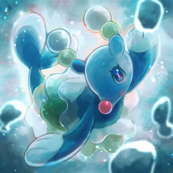 Rule 34 | air bubble, blurry, brionne, bubble, commentary request, creatures (company), eyelashes, game freak, gen 7 pokemon, grey eyes, kikuyoshi (tracco), nintendo, no humans, open mouth, outstretched arms, pink pupils, pokemon, pokemon (creature), smile, solo, tongue, underwater