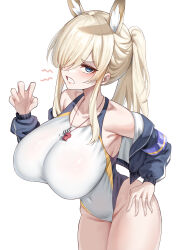 Rule 34 | 1girl, absurdres, animal ear fluff, animal ears, black jacket, blonde hair, blue archive, blue eyes, blue halo, blush, breasts, clenched teeth, collarbone, competition swimsuit, covered navel, cowboy shot, dog ears, fluffyebi01, groin, halo, highres, huge breasts, jacket, kanna (blue archive), kanna (swimsuit) (blue archive), long hair, long sleeves, looking at viewer, official alternate costume, one-piece swimsuit, open clothes, open jacket, ponytail, sharp teeth, simple background, solo, swimsuit, teeth, whistle, whistle around neck, white background, white one-piece swimsuit
