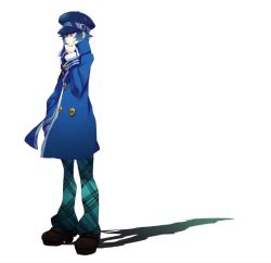 Rule 34 | 1girl, androgynous, atlus, blue eyes, blue hair, cabbie hat, crossdressing, detective, hand on another&#039;s face, hand on own face, hat, pensive, persona, persona 4, platform footwear, reverse trap, shirogane naoto, short hair, tomboy, yoshian, yoshian2