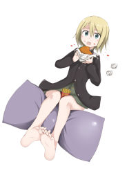Rule 34 | 1girl, aqua eyes, barefoot, blonde hair, burger, eating, erica hartmann, feet, feet together, food, french fries, full body, military, military uniform, open mouth, pillow, rosettastone, short hair, simple background, sitting, soles, solo, strike witches, toe scrunch, toes, uniform, world witches series
