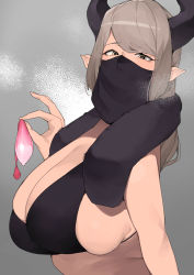 Rule 34 | 1girl, black horns, brown eyes, brown hair, commission, condom, eyelashes, grey background, highres, holding, holding condom, horns, long hair, looking at viewer, makingtawawa, mask, mouth mask, original, simple background, skeb commission, skindentation, solo, upper body, used condom