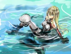 Rule 34 | 10s, 1girl, arm support, artist name, bare shoulders, bismarck (kancolle), blonde hair, blush, choker, elbow gloves, gloves, green eyes, hat, in water, kantai collection, kuranoko emaki, long hair, looking at viewer, looking up, sitting, solo, thighhighs, wet