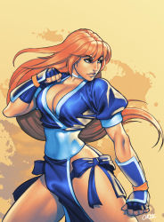 Rule 34 | 1girl, absurdres, arm guards, armor, blue eyes, blue gloves, blue panties, breasts, brown hair, chuck pires, clenched hands, commentary, dead or alive, english commentary, fighting stance, fingerless gloves, gloves, hair down, highres, japanese armor, kasumi (doa), kote, large breasts, lips, long hair, narrow waist, ninja, no bra, nose, panties, pelvic curtain, sash, side-tie panties, solo, thighs, underwear, very long hair