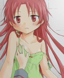 Rule 34 | 10s, 1girl, bare shoulders, bed, blush, breasts, camisole, cleavage, female pov, grabbing, grabbing another&#039;s breast, isora, jewelry, long hair, mahou shoujo madoka magica, mahou shoujo madoka magica (anime), miki sayaka, pajamas, pov, red eyes, red hair, ring, sakura kyoko, small breasts, solo focus, strap slip, upper body, yuri
