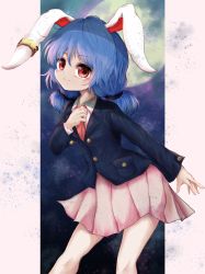 Rule 34 | 1girl, animal ears, arm up, bad id, bad pixiv id, black jacket, blazer, blue hair, buttons, commentary request, cosplay, earclip, highres, jacket, kayon (touzoku), long hair, low twintails, necktie, pink skirt, rabbit ears, red eyes, red necktie, reisen udongein inaba, reisen udongein inaba (cosplay), seiran (touhou), shirt, skirt, smile, solo, touhou, twintails, white shirt