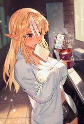 Rule 34 | 1girl, black shorts, blonde hair, bread slice, breasts, cellphone, cleavage, commentary request, cup, dark-skinned female, dark skin, food, highres, holding, holding cup, holding phone, hololive, jacket, lack, long hair, long sleeves, medium breasts, multicolored hair, orange eyes, phone, pointy ears, shiranui flare, shorts, solo, steam, streaked hair, toast, virtual youtuber, white hair, white jacket