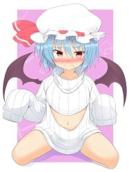 Rule 34 | 1girl, bat wings, blue hair, blush, bottomless, bow, flying sweatdrops, hat, hat bow, highres, kazawa (tonzura-d), meme attire, navel, open-chest sweater, outside border, overalls, oversized clothes, red eyes, remilia scarlet, ribbed sweater, sitting, solo, sweater, touhou, wariza, wings
