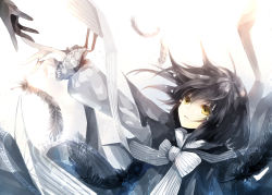 Rule 34 | 1boy, bad id, bad pixiv id, black hair, dhiea, dhiea seville (pause), dress, feathers, magic circle, male focus, outstretched arm, outstretched hand, pause (dhiea), reaching, short hair, solo, tears, yellow eyes