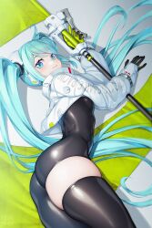 Rule 34 | 1girl, aqua eyes, aqua hair, ass, asymmetrical bodysuit, black bodysuit, black gloves, bodysuit, boots, breasts, closed mouth, cowboy shot, cropped jacket, english text, flag, flagpole, from side, gloves, goodsmile racing, green gloves, hamada youho, hatsune miku, headset, high collar, highres, holding, holding pole, jacket, long hair, long sleeves, looking at viewer, looking back, lying, medium breasts, on side, pole, race queen, racing miku, racing miku (2022), shiny clothes, sidelocks, single leg bodysuit, single thigh boot, single thighhigh, skindentation, smile, solo, swept bangs, thick thighs, thigh boots, thighhighs, thighs, twintails, two-tone gloves, very long hair, vocaloid, white jacket