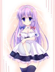 Rule 34 | 1girl, alternate costume, black thighhighs, blue eyes, bow, breasts, cleavage, crescent, crescent hair ornament, hair bow, hair ornament, hair ribbon, highres, holding, kuze matsuri, long hair, looking at viewer, maid, maid headdress, patchouli knowledge, purple hair, ribbon, solo, thighhighs, touhou, tray, zettai ryouiki