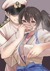 Rule 34 | 1boy, 1girl, absurdres, admiral (kancolle), black hair, blue hakama, blue ribbon, blush, brown eyes, brown hair, chloroform, closed mouth, covering another&#039;s mouth, grabbing, grabbing another&#039;s breast, grabbing from behind, gradient background, green eyes, groping, hair tie, hakama, hakama skirt, half-closed eyes, hand over another&#039;s mouth, hetero, highres, japanese clothes, kaga (kancolle), kantai collection, kimono, kujuu shikuro, long hair, long sleeves, looking at viewer, military, military uniform, nail polish, naval uniform, open clothes, open kimono, pink nails, purple background, ribbon, shaded face, short sleeves, sidelocks, skirt, smile, uniform, upper body, white kimono