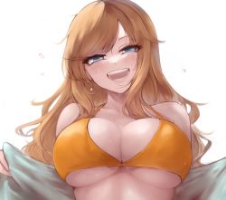 Rule 34 | :d, absurdres, bikini, bikini top only, blush, breasts, commentary request, earrings, highres, idolmaster, idolmaster cinderella girls, jewelry, lamp p9, large breasts, long hair, looking at viewer, ohtsuki yui, open mouth, orange bikini, orange hair, simple background, smile, star (symbol), star earrings, sweat, swimsuit, teeth, upper body, white background