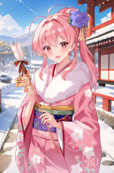 Rule 34 | 1girl, absurdres, antenna hair, architecture, arrow (projectile), blue sash, chaos;head, east asian architecture, ema, fur collar, gher5555, hair intakes, hair ornament, hamaya, high ponytail, highres, holding, holding arrow, japanese clothes, kanzashi, kimono, long hair, looking at viewer, obi, obiage, obijime, open mouth, pink kimono, red eyes, sakihata rimi, sash, sidelocks, smile, solo, upper body