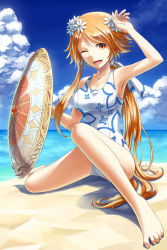Rule 34 | 1girl, arm up, armpits, barefoot, beach, blue sky, breasts, cleavage, cloud, commentary request, day, flower, full body, hair flower, hair ornament, holding, holding shield, horizon, long hair, looking at viewer, medium breasts, natsuya (kuttuki), ocean, one-piece swimsuit, one eye closed, open mouth, orange eyes, orange hair, outdoors, ponytail, print swimsuit, sand, shield, sitting, sky, smile, solo, swimsuit, venus blade, very long hair, white flower, white one-piece swimsuit