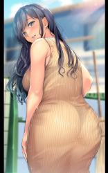Rule 34 | 1girl, a.x., absurdres, arm at side, ass, black hair, blue eyes, blurry, blurry background, blush, bra visible through clothes, breasts, commentary request, day, depth of field, derivative work, dress, from behind, highres, large breasts, long hair, looking at viewer, looking back, original, outdoors, panties, see-through, see-through dress, sleeveless, sleeveless dress, solo, standing, thong, underwear, yellow dress