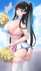 Rule 34 | 1girl, absurdres, ass, back, bare shoulders, black hair, blue archive, blue panties, blue sky, blush, bracelet, breasts, cheerleader, hair ornament, hairclip, halo, highres, holding, holding pom poms, jewelry, karakari, large breasts, long hair, looking at viewer, looking back, millennium cheerleader outfit (blue archive), miniskirt, open mouth, panties, pleated skirt, pom pom (cheerleading), pom poms, ponytail, red eyes, rio (blue archive), sideboob, skirt, sky, smile, solo, speech bubble, sports bra, thighs, translation request, underwear, very long hair, white skirt