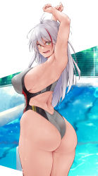 Rule 34 | 1girl, absurdres, antenna hair, armpits, arms up, ass, azur lane, breasts, commentary request, competition swimsuit, cowboy shot, from behind, grey one-piece swimsuit, highleg, highleg swimsuit, highres, huge ass, long hair, looking at viewer, multicolored hair, one-piece swimsuit, orange eyes, oriue wato, presenting armpit, prinz eugen (azur lane), red eyes, silver hair, solo, streaked hair, swimsuit, two side up