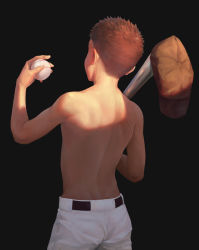 Rule 34 | 1boy, absurdres, back, back focus, ball, baseball, baseball bat, black background, brown hat, cowboy shot, facing away, flat cap, from behind, hand up, hat, highres, holding, holding ball, male focus, original, red hair, simple background, solo, spiked hair, standing, sunlight, topless male, unworn hat, unworn headwear