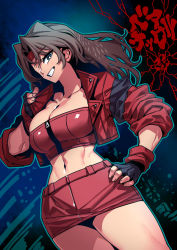 Rule 34 | 1girl, streets of rage, blaze fielding, blue eyes, breasts, brown hair, cleavage, closed mouth, copyright name, cowboy shot, fingerless gloves, gloves, grin, hand on own hip, headband, highres, jacket, large breasts, long hair, looking at viewer, midriff, miniskirt, mole, mole under mouth, navel, red skirt, sega, simple background, skirt, smile, solo, strapless, tube top, tukiwani, zipper