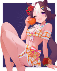 Rule 34 | 1girl, ;d, absurdres, animal ears, bare shoulders, barefoot, bikini, bikini skirt, braid, breasts, brown hair, cleavage, commentary request, crazy straw, cup, detached sleeves, drink, drinking straw, feet out of frame, flower, hair flower, hair ornament, hairclip, hand up, highres, holding, holding cup, horse ears, horse girl, horse tail, knees up, looking at viewer, medium breasts, multicolored hair, one eye closed, open mouth, plaid, plaid bikini, plaid sleeves, puffy short sleeves, puffy sleeves, purple eyes, red flower, short sleeves, smile, solo, special week (hopping vitamin heart) (umamusume), special week (umamusume), swimsuit, tail, two-tone hair, u-st (uweiter), umamusume, white flower, white hair