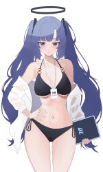 Rule 34 | 1girl, absurdres, alternate hairstyle, andamiro, bare shoulders, bikini, black bikini, blue archive, blue eyes, blue hair, breasts, cleavage, half-closed eyes, halo, hand on own hip, highres, id card, large breasts, medium breasts, navel, official art, open mouth, simple background, solo, swimsuit, unfinished, white background, yuuka (blue archive)