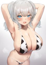 Rule 34 | 1girl, animal print, armpits, arms up, bikini, blue eyes, blush, breasts, cow print, cow print bikini, fang, gradient background, hair between eyes, highres, huge breasts, kantai collection, kashima (kancolle), long hair, open mouth, print bikini, sidelocks, simple background, skin fang, solo, steam, sweat, swimsuit, twintails, usa b, wavy hair