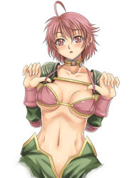 Rule 34 | 1girl, :o, ahoge, armor, bikini, bikini top only, blush, breasts, breasts apart, buckle, cleavage, collar, collarbone, covered erect nipples, cowboy shot, cropped legs, embarrassed, flipped hair, groin, hair between eyes, looking at viewer, medium breasts, nail polish, navel, nippon ichi, no panties, o-ring, o-ring top, pauldrons, pink bikini, pink eyes, pink hair, revya (female), short hair, shoulder armor, simple background, solo, soul cradle, strap lift, swimsuit, syunzou, toned, underboob, white background, white nails