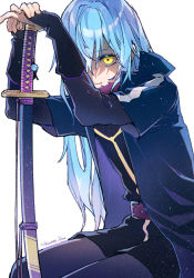 Rule 34 | 1other, androgynous, belt, blue hair, closed mouth, commentary request, hair between eyes, highres, holding, holding sword, holding weapon, jacket, katana, light particles, long hair, long sleeves, one eye covered, rimuru tempest, sheath, sheathed, shirane rine, simple background, solo, sword, tensei shitara slime datta ken, weapon, white background, yellow eyes