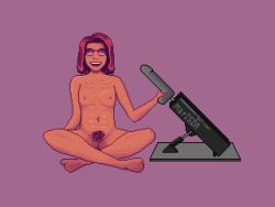 Rule 34 | 1girl, artist request, breasts, female pubic hair, full body, glasses, maru (stardew valley), pixel art, pubic hair, sex machine, simple background, skinny, small breasts, solo, source request, stardew valley, teeth, upper teeth only
