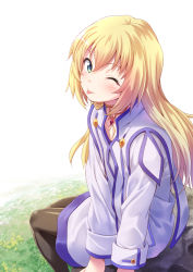 Rule 34 | 1girl, black legwear, blonde hair, colette brunel, day, from side, green eyes, hair between eyes, highres, jewelry, long hair, looking at viewer, necklace, one eye closed, outdoors, shiny clothes, sitting, solo, tales of (series), tales of symphonia, tenkuu nozora, tongue, tongue out, white background