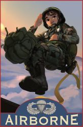 Rule 34 | 1girl, absurdres, american flag, american flag print, army, backpack, bag, black eyes, boots, brown hair, camouflage, english text, flag print, hand up, helmet, highres, light smile, long sleeves, looking at viewer, midair, military, military uniform, original, outdoors, parachute, rifleman1130, salute, short hair, soldier, solo, uniform, united states army