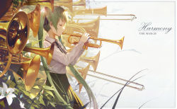 Rule 34 | 1girl, closed eyes, english text, flower, from side, green hair, hair ribbon, hatsune miku, highres, instrument, kieed, long hair, md5 mismatch, music, outside border, playing instrument, resolution mismatch, ribbon, skirt, solo, source smaller, trumpet, twintails, very long hair, vocaloid, white background