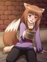 Rule 34 | 00s, 1girl, animal ears, awa, blush, brown hair, drunk, feet, holo, lowres, red eyes, solo, spice and wolf, tail, wolf ears, wolf tail