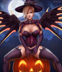 Rule 34 | 1girl, absurdres, alternate costume, blonde hair, blue eyes, breasts, city background, cleavage, femoral only, flowerxl, halloween, hat, highres, jack-o&#039;-lantern, large breasts, mercy, mercy (overwatch), moonlight, night, overwatch, panties, purple lips, solo, spread legs, thighhighs, underwear, video game character, wings through clothes, witch, witch hat, witch mercy
