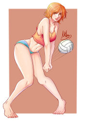 Rule 34 | 1girl, ball, barefoot, border, crop top, earrings, female focus, full body, highres, jewelry, midriff, mifenami, nami (one piece), one piece, orange eyes, orange hair, pigeon-toed, playing sports, solo, volleyball, volleyball (object), white border