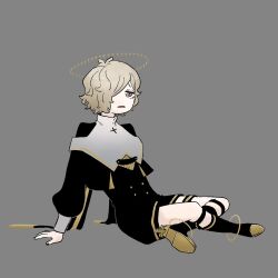 Rule 34 | 1boy, anklet, antenna hair, arm support, bags under eyes, bashauma kaede, black jacket, black nails, black romper, blonde hair, boots, capelet, commentary request, frown, full body, grey background, hair over one eye, halo, high heel boots, high heels, highres, indian style, jacket, jewelry, jitome, kazehiki (utau), knee boots, leaning back, long sleeves, looking ahead, male focus, open mouth, puffy long sleeves, puffy sleeves, raised eyebrows, red eyes, romper, short hair, shorts, simple background, sitting, sleeve cuffs, solo, thigh strap, utau, white capelet