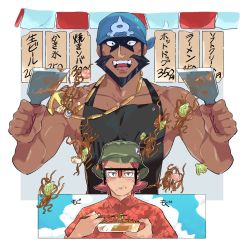 Rule 34 | 2boys, anchor necklace, apron, archie (pokemon), bandana, bara, beard, black apron, black eyes, black hair, blue bandana, commentary request, cooking, creatures (company), dark-skinned male, dark skin, facial hair, food stand, game freak, green (grimy), highres, jewelry, large pectorals, male focus, mature male, maxie (pokemon), multiple boys, muscular, muscular male, mustache, naked apron, necklace, nintendo, pectoral cleavage, pectorals, pokemon, pokemon oras, short hair, sidepec, yakisoba, yaoi