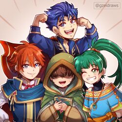 Rule 34 | 1girl, 1other, 2boys, aged down, arms up, blue cape, blue eyes, blue hair, book, cape, cloak, eliwood (fire emblem), fire emblem, fire emblem: the blazing blade, fire emblem heroes, flexing, friends, green eyes, green hair, green hood, grin, gzei, hair over eyes, hand on own hip, hector (fire emblem), highres, holding, holding book, hood, hooded cloak, jewelry, lyn (fire emblem), mark (fire emblem: the blazing blade), multiple boys, necklace, necktie, nintendo, no eyes, official alternate costume, one eye closed, open mouth, pout, red cape, red necktie, smile, teeth, undershirt, upper teeth only, watermark