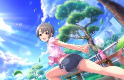 Rule 34 | 10s, 1girl, aircraft, airplane, artist request, ass, bird, black eyes, black hair, blue sky, blush, bottle, cloud, day, dolphin shorts, exercising, gym shorts, idolmaster, idolmaster cinderella girls, idolmaster cinderella girls starlight stage, leaf, looking at viewer, official art, open mouth, otokura yuuki, short hair, short shorts, shorts, sky, smile, solo, tree, water bottle, wind
