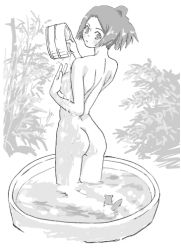 Rule 34 | 00s, 1girl, ass, bare back, bare shoulders, bath, breasts, female focus, fuu (samurai champloo), hair up, kneeling, looking at viewer, looking back, monochrome, nude, plant, samurai champloo, water, wet