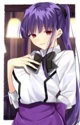 Rule 34 | 1girl, arm behind back, asagami fujino, asagami fujino (second ascension), black bow, black bowtie, blush, bow, bowtie, closed mouth, commentary request, exa (koyuru), fate/grand order, fate (series), fingernails, hair tie, highres, kara no kyoukai, lips, long hair, long sleeves, looking at viewer, pink lips, ponytail, purple hair, purple skirt, red eyes, shirt, sidelocks, skirt, smile, solo, straight hair, very long hair, white shirt