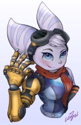 Rule 34 | 1girl, alien, animal ears, breasts, furry, goggles, mechanical arms, ratchet &amp; clank, ratchet &amp; clank: rift apart, rivet (ratchet &amp; clank), scarf, single mechanical arm, striped tail, tail, usagin
