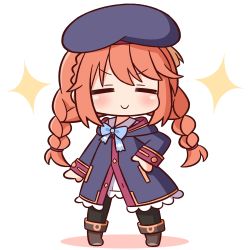 Rule 34 | &gt;:), 1girl, = =, absurdres, beret, blue bow, blue coat, blue hat, blush, bow, braid, brown hair, chibi, closed eyes, closed mouth, coat, collared dress, colored shadow, commentary request, dress, full body, hana kazari, hand on own hip, hat, highres, hood, hood down, hooded coat, long hair, long sleeves, princess connect!, shadow, smile, solo, sparkle, standing, twin braids, twintails, v-shaped eyebrows, white background, white dress, yuni (princess connect!)